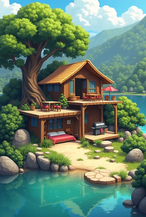   Build a bedroom and bathroom 、 place a slab on top of the slab 、 make a barbecue and table,  make a roof on top of the slab  ,  Beautiful tree々 make it near the lake  . Remember,  the grill and table are above the bedroom 、 put a roof on the first floor ...