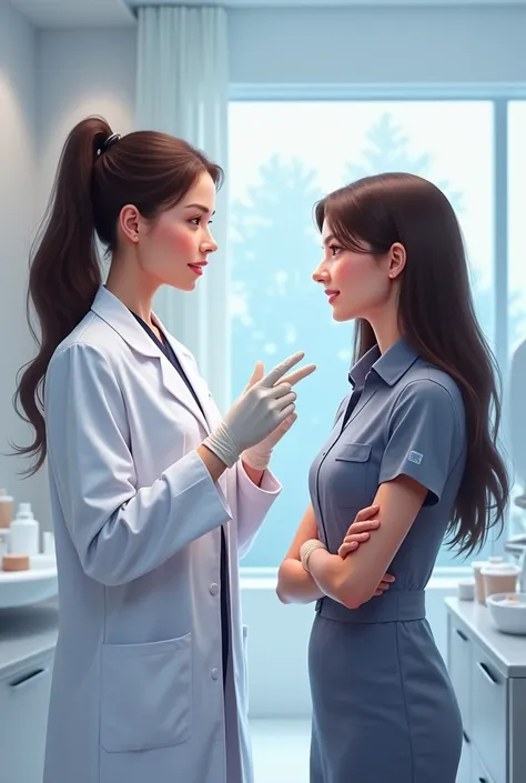 a female doctor with gloves in front of a female beautician 