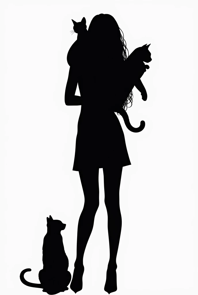 cat sitting on women shoulder and 1 cat holding with arms of front chast logo type not image black and white silhouette logo long hair women  full body with heels