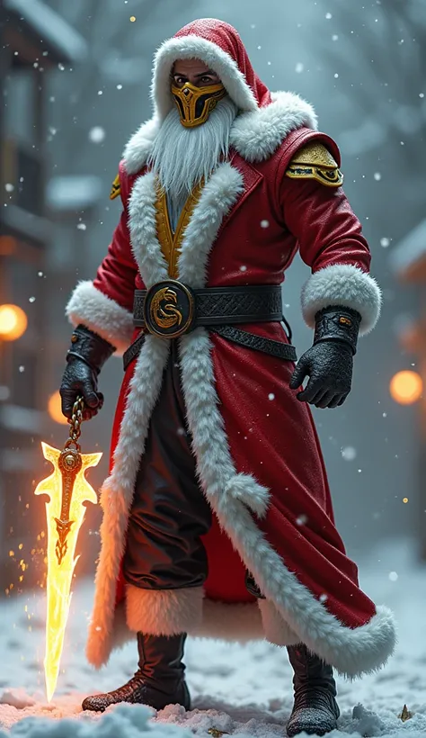 Create an ultra-realistic 8K quality digital artwork of a full-body hybrid character combining Santa Claus and Scorpion from Mortal Kombat in a snowy, atmospheric setting. The hybrid character blends Santa’s classic red and white outfit with Scorpion’s men...