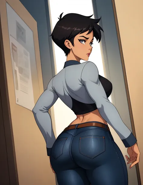 ((ultra quality)), ((masterpiece)), Lois Lane, short stature, ((black short hair tomboy hairstyle)), (Beautiful face), (beautiful female lips), (), charming, ((sexy facial expression)), looks at the camera, eyes slightly open, (light skin color), (light sk...