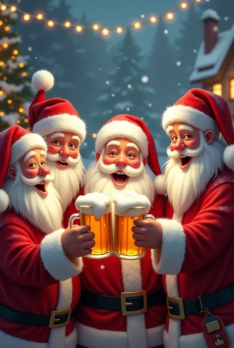 Five Santa Clauses celebrate with beer in hand 