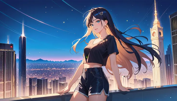 Indian woman with long hair looking at night view, cityscape, listening to music on the radio, anime style