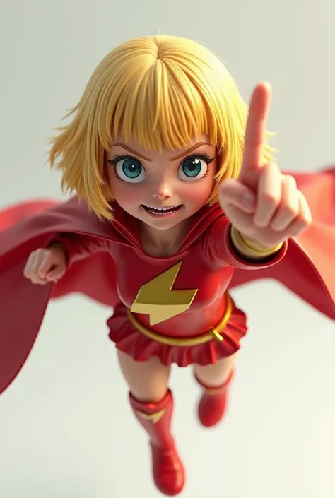 ultra realistic, young  girl , girl, shi body, short blonde hair , (loli body ), bangs, angry, in powergirl cosplay  Dc comics , cape,  .showing the middle finger ,knee-high boots , flying 