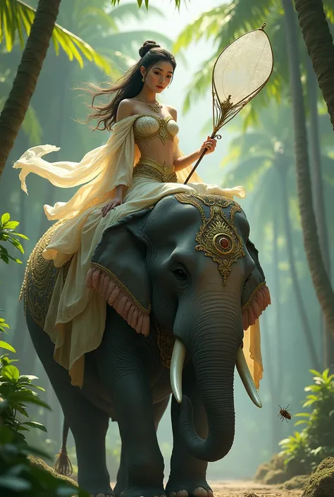 Beautiful woman sitting on an elephant using a net to catch a small grasshopper