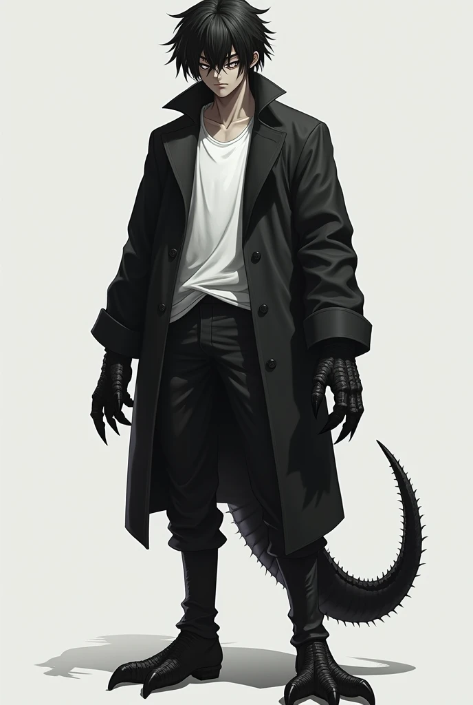 A two-meter adolescent man with large black hair, a black coat, white t-shirt underneath and black pants, dinosaur-like feet, black color, black claws on his hands and a black tail.