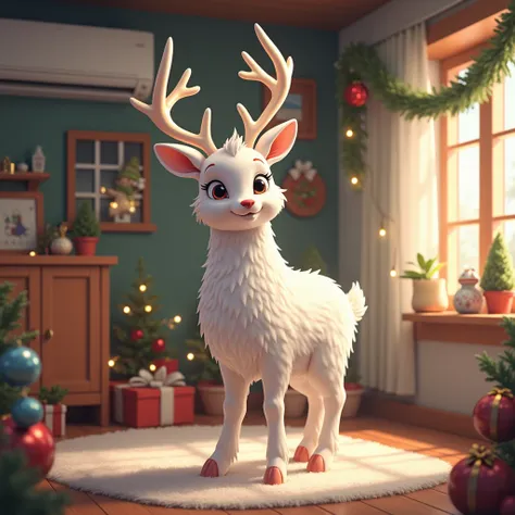 snow deer in a room. The room is well decorated for Christmas, and in the back of the deer theres a AC wallmounded on the wall