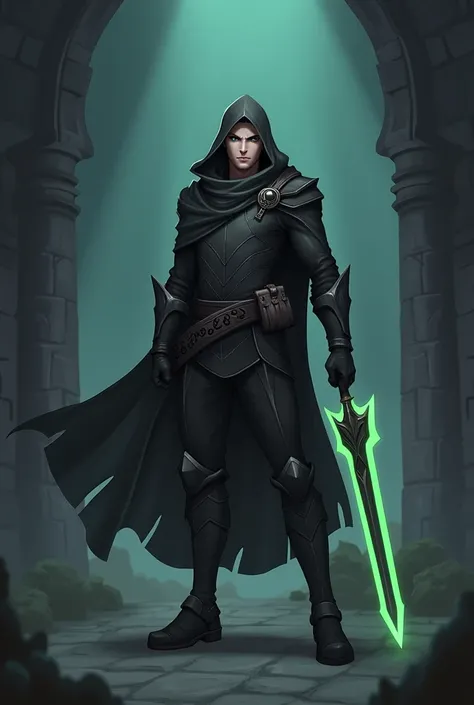 The best image of a digital illustration of a character from the video game of Mobile Legends: Bang Bang. The character is a male warrior with a fierce expression on his face. He is wearing a black outfit with a hood and armor, and is holding a large sword...