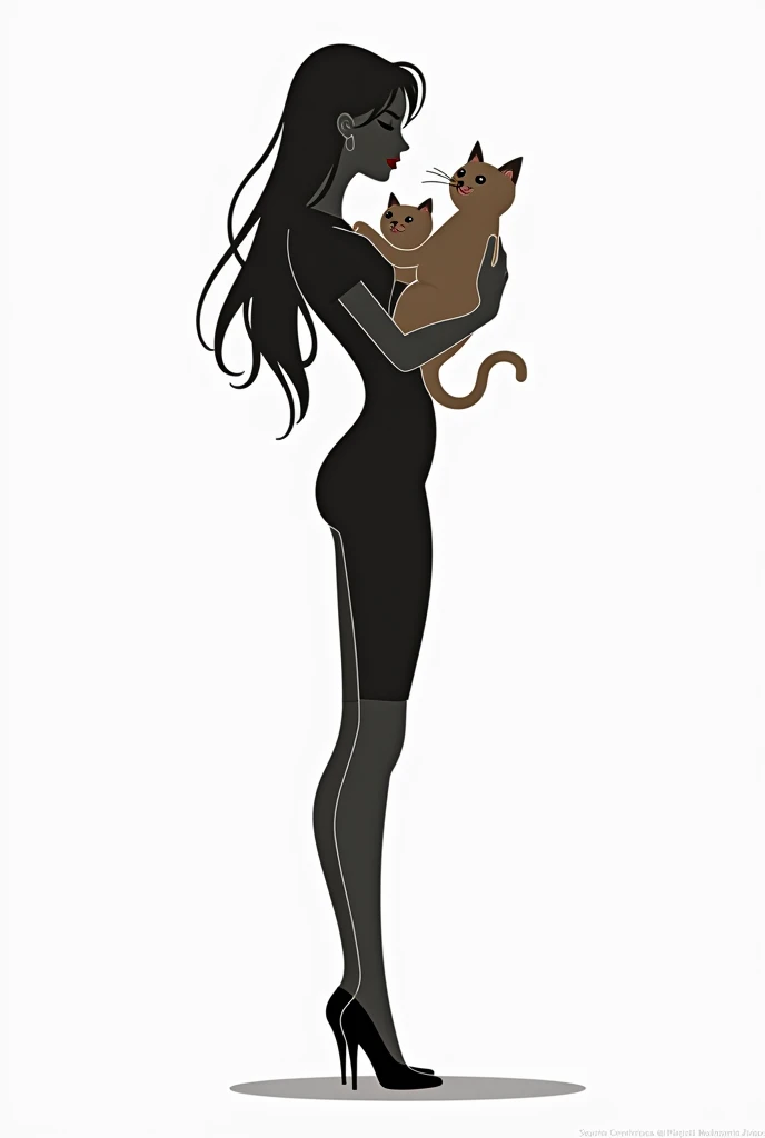 cat sitting on women shoulder and 1 cat holding with arms of front chast logo type silhouette long hair women  full body with heels logo 