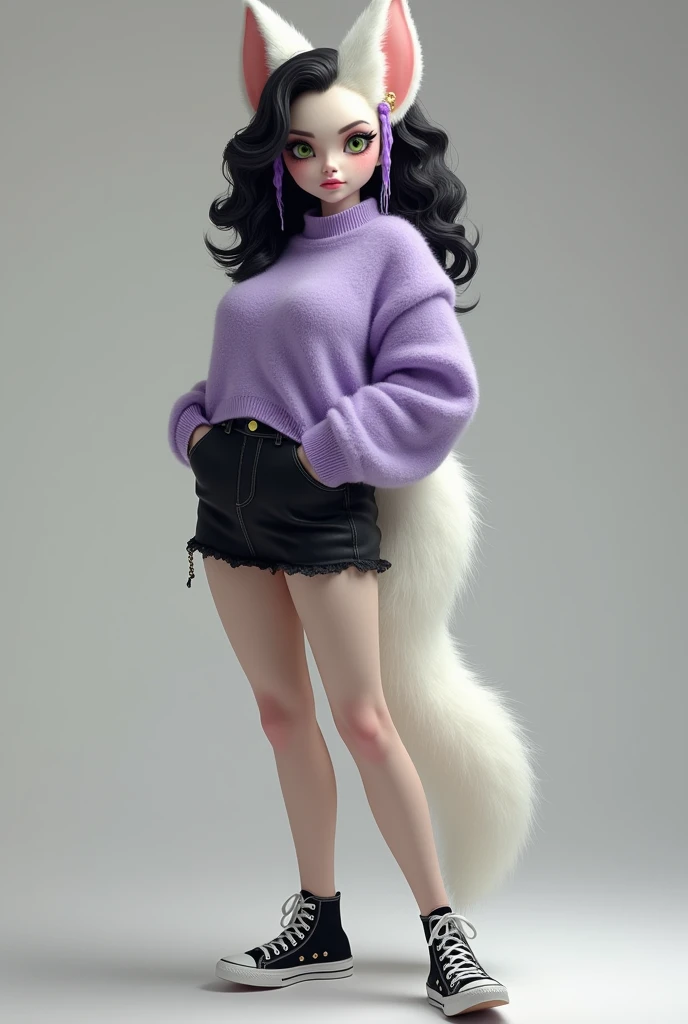  Tall girl with white fur ,  light green eyes , big black curly hair with two shreds of hair in the front lilac, lilac sweater ,Short black skirt sampled some of my plump white thighs and my full ass,black high-top sneakers, soft pink lips 