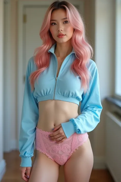 ((((full body shot)))) Photo of Malaysian Blonde with Pink highlights and transparent baby blue tracksuit, visible pink lace panties, beautiful, show large 38GG breasts, huge breasts, high, sexy legs, bursting huge breasts, Wide hips, big bubble butty