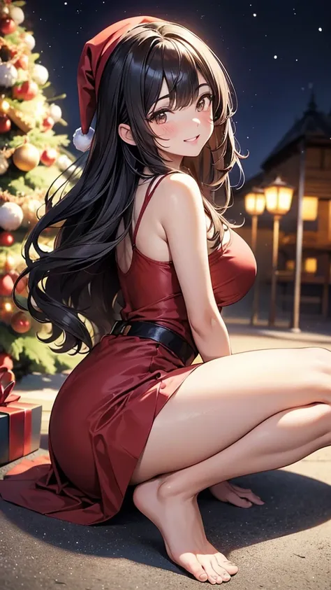 1girl, solo, bangs, black wavy hair, parted lips, brown eyes, long hair, smile, solo, smiling, Santa dress, christmas tree background, 
lying on the ground with her back arched gracefully. Her torso should be lifted slightly, supported by her arms or hands...