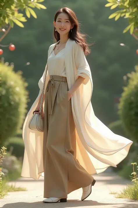 A woman with white shawl and cream blouse masuk dalam skirt and khaki skirt and white sling handbag