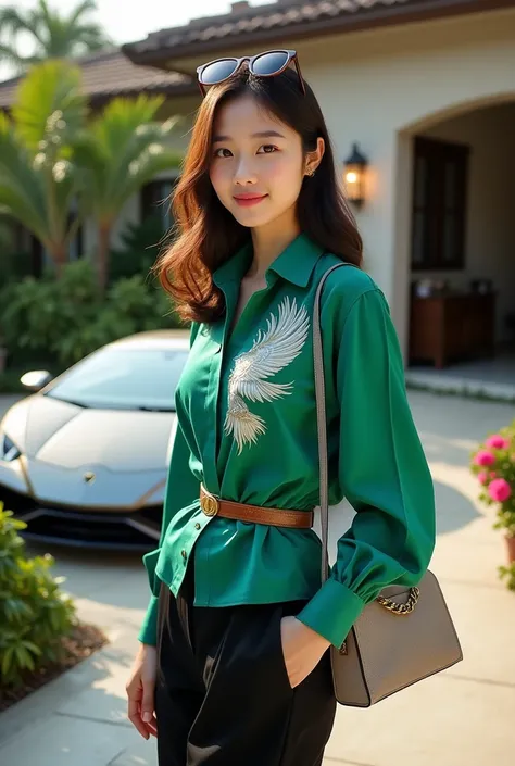 A beautiful Korean girl, a thin smile facing the camera, a slightly chubby body proportionate, wearing a bright emerald belted shirt and elegant embroidered batik white dove, wearing black pants, wearing high heels, wearing sunglasses style glasses on her ...