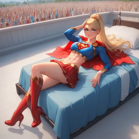 tall  supergirl, detailed, golden  Double ponytail hair, supergirl，huge breast，abs，very detailed，full body，red skirt，red high  heel boots ，red cape，Concept art of a smug Supergirl welcoming the adoration of her fans. A crowd of amazed onlookers gawk at her...