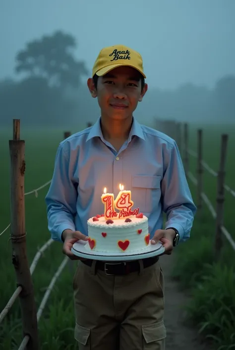 Japanese male, 20 years old, yellow baseball cap with (Anak Baik) written on it,Light blue long sleeve formal shirt,Brown and cream parka trousers,Front view, zoom camera,Carrying a birthday cake with the words (happy birthday Ochin Amoy) written on it wit...