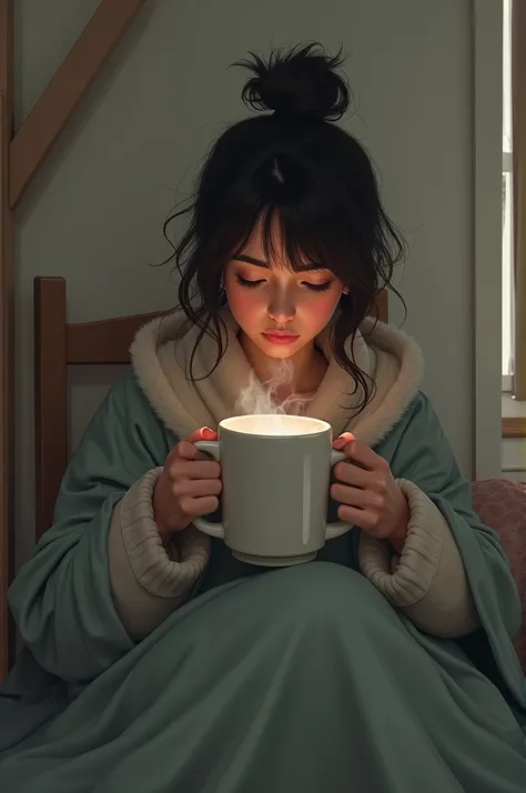 The girl froze ,  sitting on a chair,  wrapped herself in a blanket,  holds a large mug in her hands
