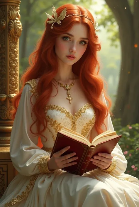  spelling for a picture :

 A beautiful ,  realistic-looking fantasy portrait of a girl With long,  flowing red hair and bright green eyes .  She is wearing an elegant white and gold dress ,  that is decorated with fine embroidery and details .  In her han...