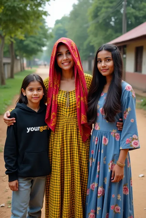 The image is a screenshot of a mobile phone screen with a photo of four young women standing together and smiling at the camera. The photo appears to be taken in a rural area with trees and a building in the background. The woman in the center is wearing a...