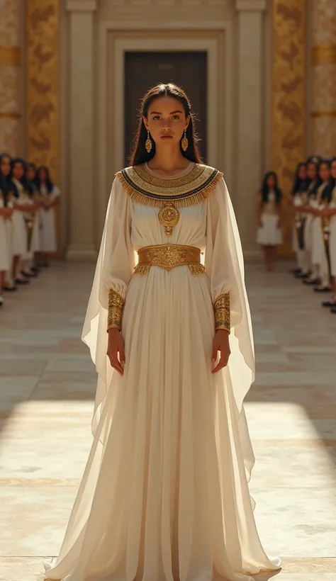  Asiyah standing gracefully in the center of the palace hall ,  wearing gowns length of Egyptian white linen covering the entire body,  decorated with gold embroidery on the neck ,  wrist , and waist ,  add to the impression of elegance .  Her skin is radi...