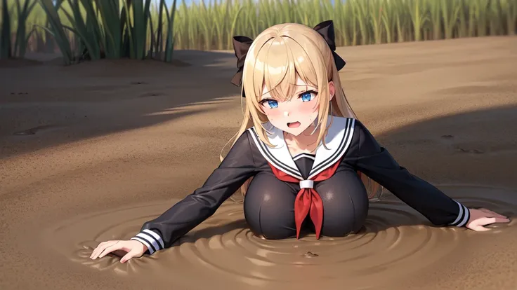 1girl, solo, black long hair, blue eyes, (large breast:1.5), BREAK, (black serafuku:1.2), sailor, long sleeve, hairbow, half upper body, Quicksand, Quick Sand, arms stuck in quicksand, up to chest in quicksand, moaning, blushing, shortstack figure, breasts...