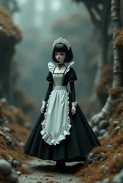  Micro Landscape ： Original Barbie ，uhd 8k beautiful doll-like woman wearing black and white dress, Rendering 3D yang terinspirasi Ray Caesar (Ray Caesar),  Polycount competition winner , Gothic Art ,  Maid costume ,  Gothic girl anime girl , Gaya seni ane...