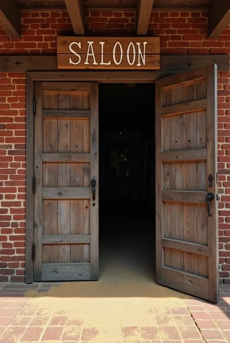  Ancient wooden saloon ,  side view.   Ancient wooden sign  "SALOON" above .  Saloon doors are classic sliding accordion doors made of aged wood with horizontal lamellas.  The doors are open,  You can see interior wooden walls and floors .   There is some ...