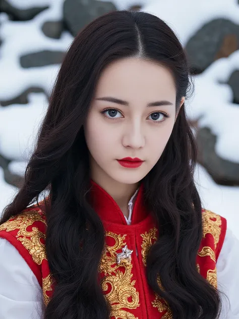 dilraba,
breathtaking cinematic film still A realistic, high-definition image of a young 18yobeautiful Chinese girl with pale skin and long dark hair, blue mystical make up, striking white eyes with ,  pale lips. She wears an ornate, traditional garment in...