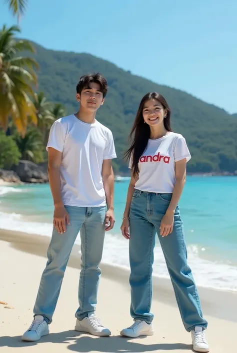 a photo of a Korean man with short hair and a Korean woman with long hair, they are wearing red casual clothes, short jeans, red sneakers, they are on holiday on a beach, they are standing on the sand of the beach, their bodies are facing forward, the sea ...