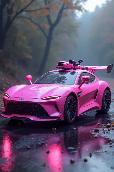  A pink car with glitter and whiskiness with 3 mirrors on each side,  front and rear cameras , Roof cameras  
