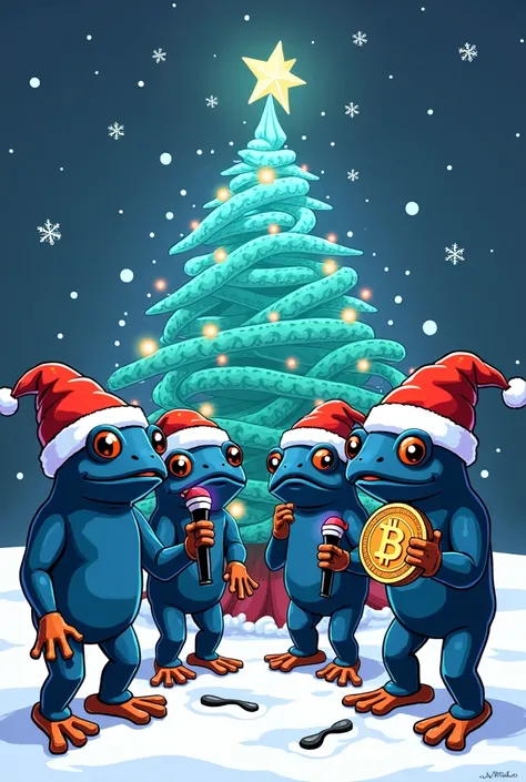 A group of navy blue Pepe frogs dressed in mismatched holiday costumes at a chaotic office party. One is a Snow Maiden holding a glowing stablecoin as if it’s a karaoke mic, singing to confused wooden snakes wearing Santa hats. Another Pepe is awkwardly ho...