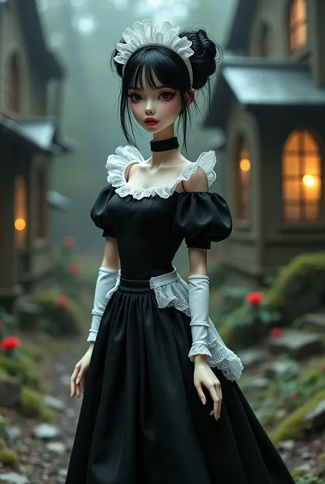  Micro Landscape ： Original Barbie ，UHD 8K Beautiful Korean Woman Wearing Black And White Dress, Rendering 3D yang terinspirasi Ray Caesar (Ray Caesar),  Polycount competition winner , Gothic Art ,  Maid costume ,  Gothic girl anime girl , Gaya seni aneh, ...