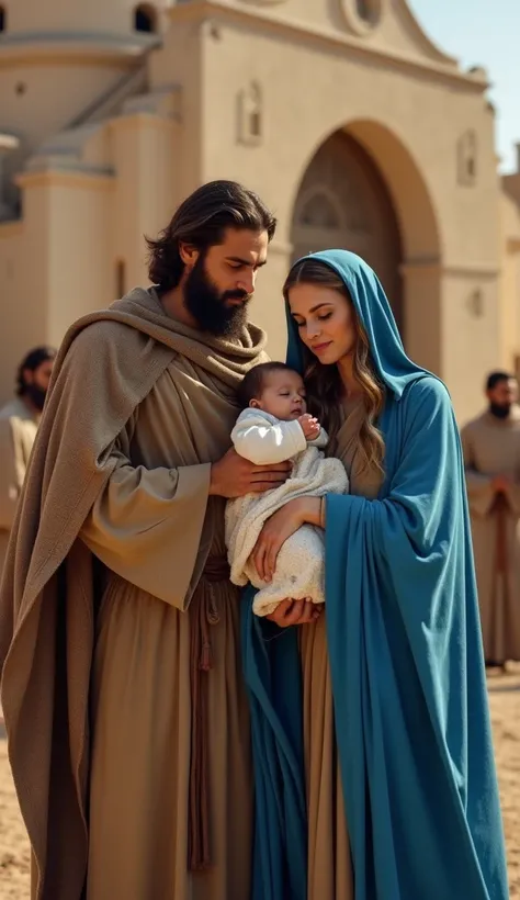 create an ultra-realistic image of Joseph and the Virgin Mary in a blue cloak and with the one-week-old baby Jesus in their arms, standing in front of an Israelite church. using a Sony Alpha 7 camera with a Sony FE 70-200mm f/2.8 GMOSS lens