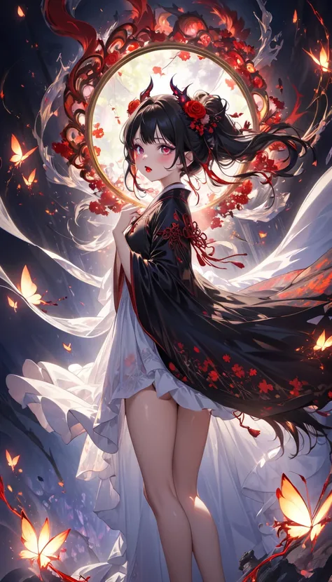 {{{Masterpiece, Top quality, 8k High resolution, Lighting that creates her mystical magic}}}, Japanese cutest adolescent girl, {{{Angle with a good view of her changing into the thick lips favored by the demon king, in spectacle church, When the dark magic...