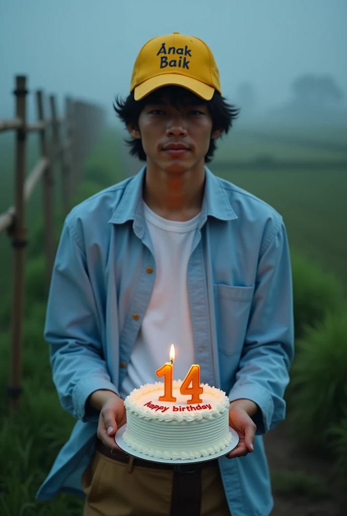 Japanese male, 20 years old,Fair skin,yellow baseball cap with (Anak Baik) written on it,Light blue long sleeve formal shirt,Casual white t-shirt as underwear,Brown and cream parka trousers,Front view, zoom camera,Carrying a birthday cake with the words (h...