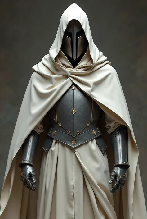 Create an image of a church knight ,  wearing the clothing of a pope with a triangular helmet, The helmet covers your face, The tunic covers your armor and your helmet is dark,  make his robe white and his helmet black, His helmet covers his entire head  