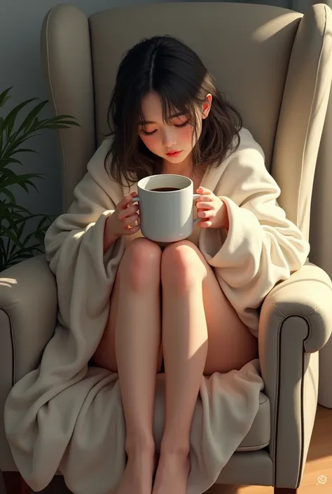 The girl froze ,  sitting on a chair,  wrapped herself in a blanket,  holds a large mug in her hands, tucked her legs ,  beautiful knees, shyness pose, sits half sideways, The girl froze , Slightly damp hair


