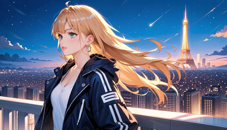 Indian woman with long hair looking at night view, cityscape, listening to music on the radio, anime style