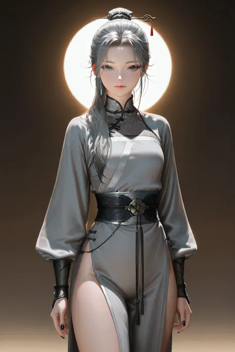 grey hair ,grey hanfu, small breasts, long hair, masterpiece, best quality, realistic, 8k, official art, cinematic light, ultra high res, perfect female body, sharp focus, guofeng, 1girl, solo, chinese clothes, realistic, nail polish, standing, from viewer...