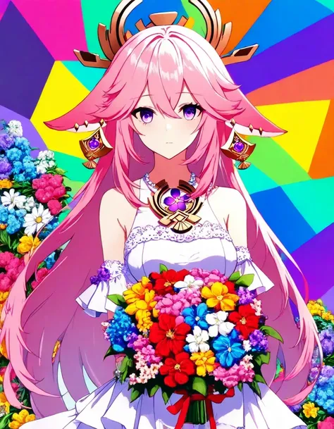 (ultra-detailed background, detailed background), absurdres, high-res, ultra-detailed, Extremely detailed, 1girl, Yae Miko, genshin impactpink hair, purple eyes, (flower bouquet:1.3), (tangle:1.2), (geometric:1.2), (colorful),