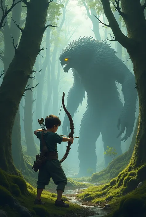 The scene of fighting monsters in the forest of another boy holding a bow sells towards the monster