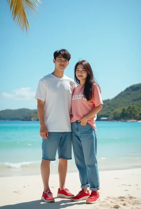 a photo of a Korean man with short hair and a Korean woman with long hair, they are wearing casual clothes, wearing short jeans, wearing red sneakers, they are on holiday on a beach, they are standing on the sand of the beach, their bodies are facing forwa...