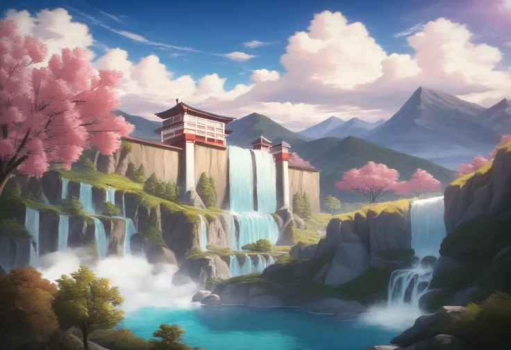 Picture of Mt. Fuji with a waterfall and house in the foreground , Detailed painting 4k,  landscape painting, BEAUTIFUL 4K ART , Mount Fuji background, 夢のような landscape painting,  4k Matt Thomas Kinkade,  Anime Nature Wallpaper , 4K VERY DETAILED ART ,  lan...