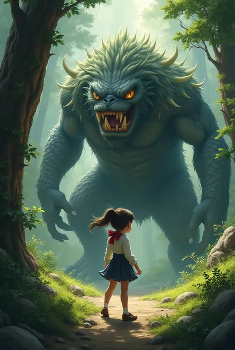 Scenes of fighting monsters in the deep forest
of a young girl wearing a bow tie selling towards the monster