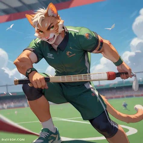 orange cat playing badminton wearing green sports uniform