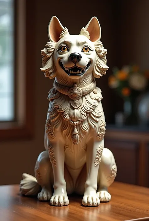  There is a dog statue on the table, Written by Kano Tan&#39;yū, , Ceramic statue, by Shiba Kōkan,  lots of details,  very very very detailed ,  very detailed and decorative ,  epic Japanese dragon, 3rd lion head ,  shot with a Sony α7R camera 