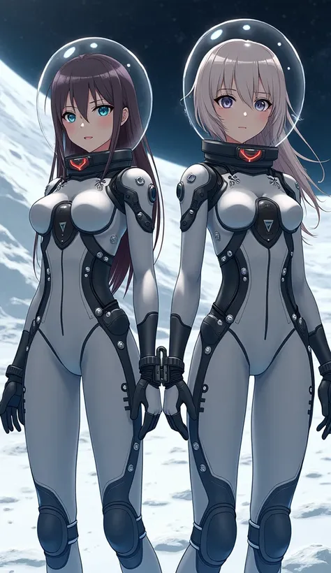 masterpiece, Highest quality, high resolution, newest, 2girls, friends, (group shot):5, (upper body):5, kyoto animation style, detailed, BREAK lunar base interior and exterior, moon surface exploration, lunar landscape, BREAK (white and black mechanical sp...