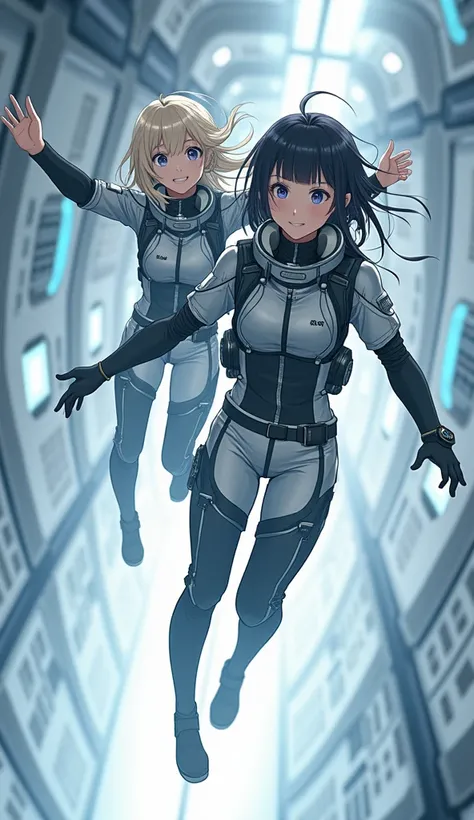 masterpiece, best quality, ultra-detailed,  2female japanese idols in spacesuits floating in zero gravity,wind:2, sci-fi corridor interior,sleek and futuristic white metallic walls and panels, dramatic upward angle view, black-haired character reaching for...