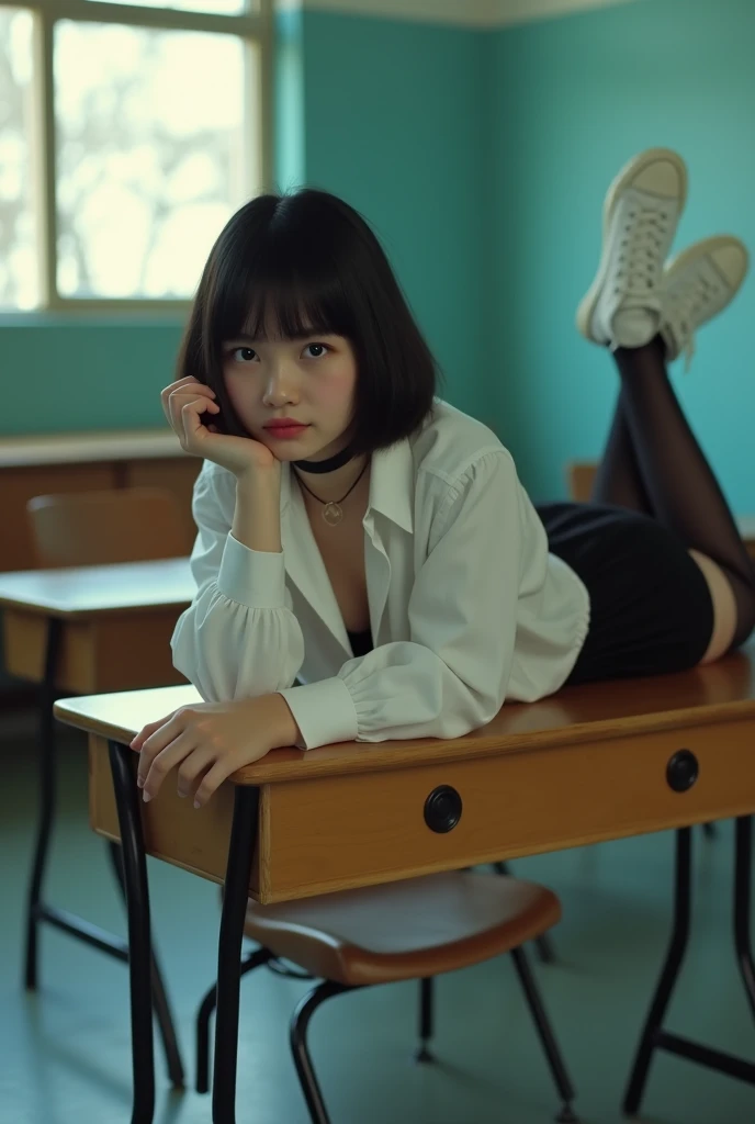 veкн cinematic photo, very realistic in a school classroom, she lies on a desk and spreads her legs, young russian blackhair  girl,  
straight bangs short hairstyle and black choker, in a white blouse, black very short skirt and no panties, in black high s...