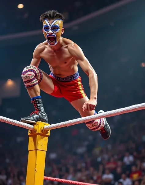 Young Luchador falling rapidly from a high altitude corner post, motion blur, Tope Suicida, Masked Wrestler, Súper Estrella, wrestler costume, low angle, sense of danger and adrenaline, dynamic action, Sweat flying, dramatic lighting, Lens Flare, tense atm...